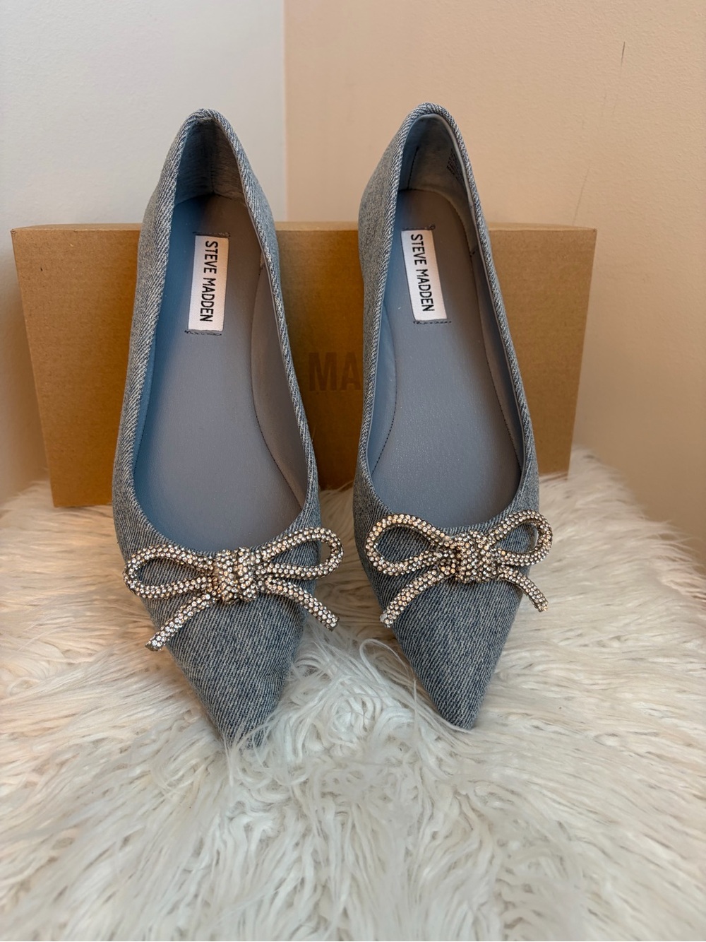 Steve Madden Gray Denim Pointed Toe Flats with Crystal Bow
